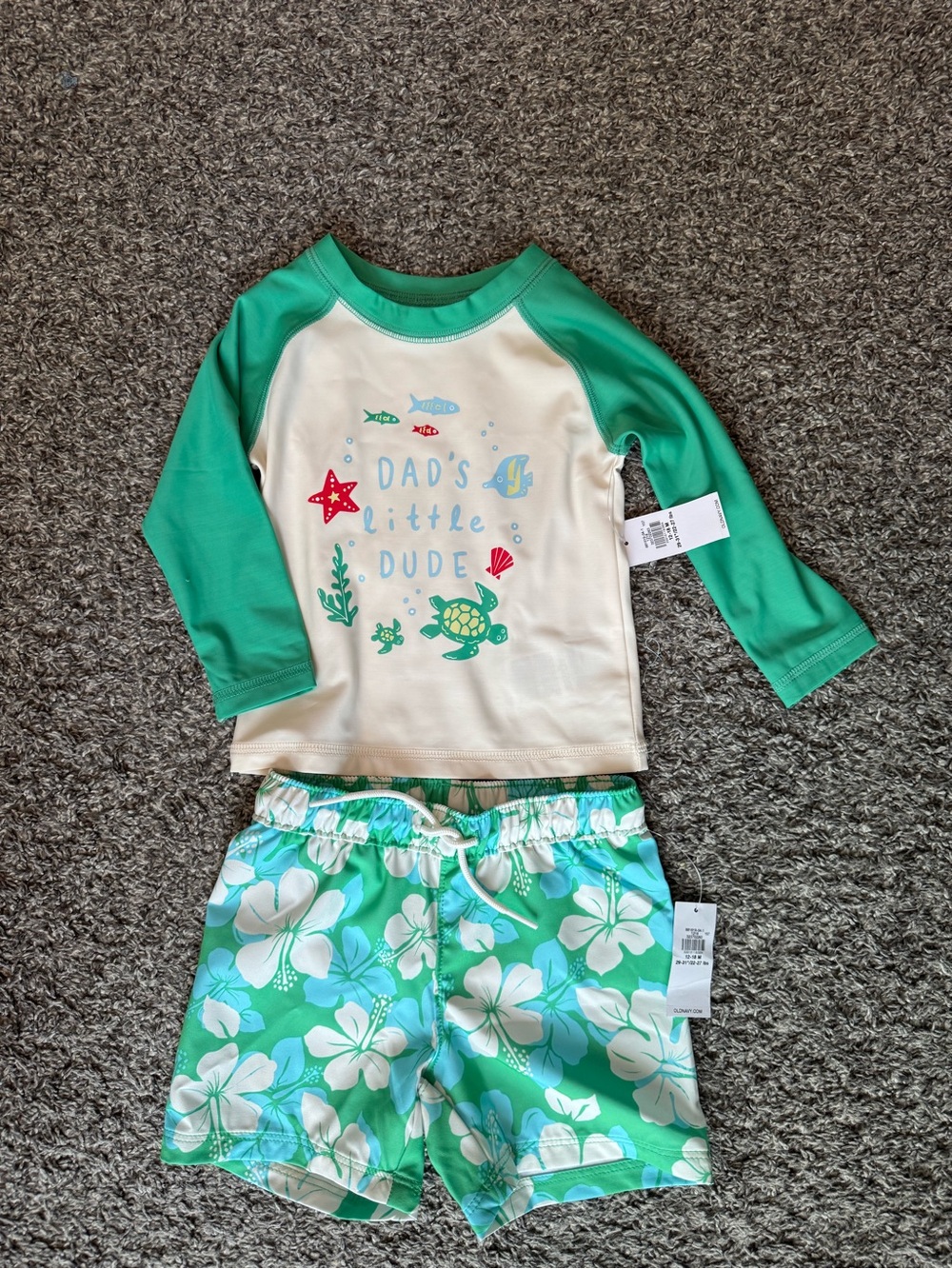 Old Navy Boys Green & White 'Dad's Little Dude' Swim Set